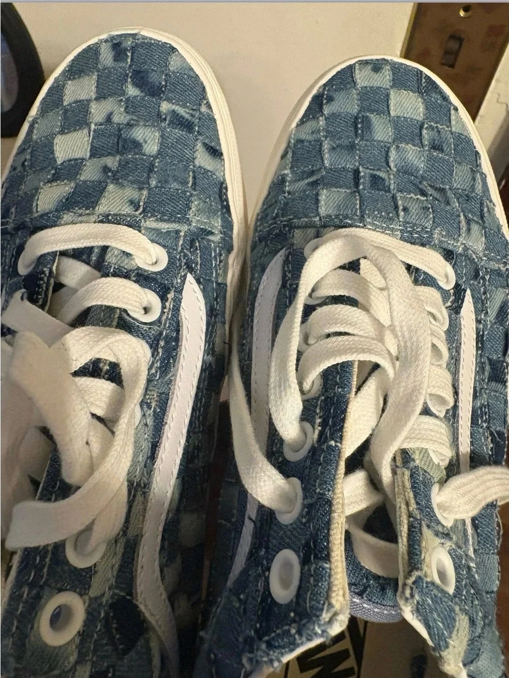 Kids Blue Checkered Denim Lace-Up Sneakers